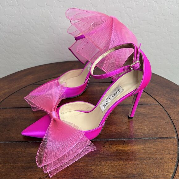 JIMMY CHOO AVERLY 100 Satin Heels Womens 39.5 / 8.5 Pumps Pink Bow Ribbon - Picture 1 of 14